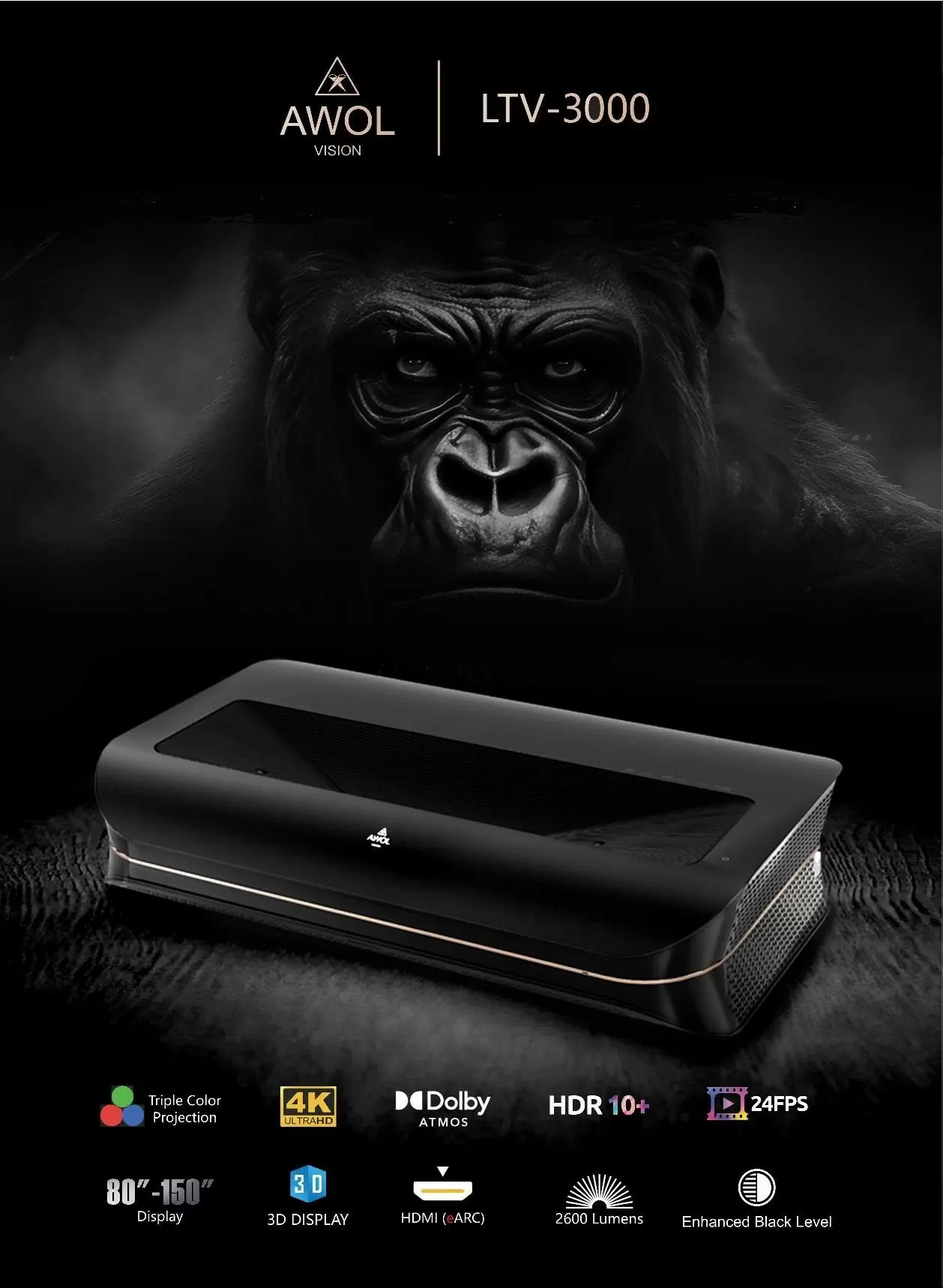 AWOL LTV-3000 頂級高階旗艦4K短焦純三色雷射投影機 三年保固+隨貨附小米電視棒