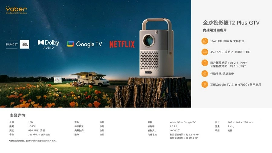 【現貨供應】金沙 YABER T2 Plus GTV 攜帶式微型投影機 內建電池隨處用