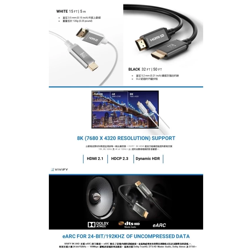 【VIVIFY】XENOS W35 2米-20米 8K光纖HDMI 2.1 新竹家庭劇院推薦