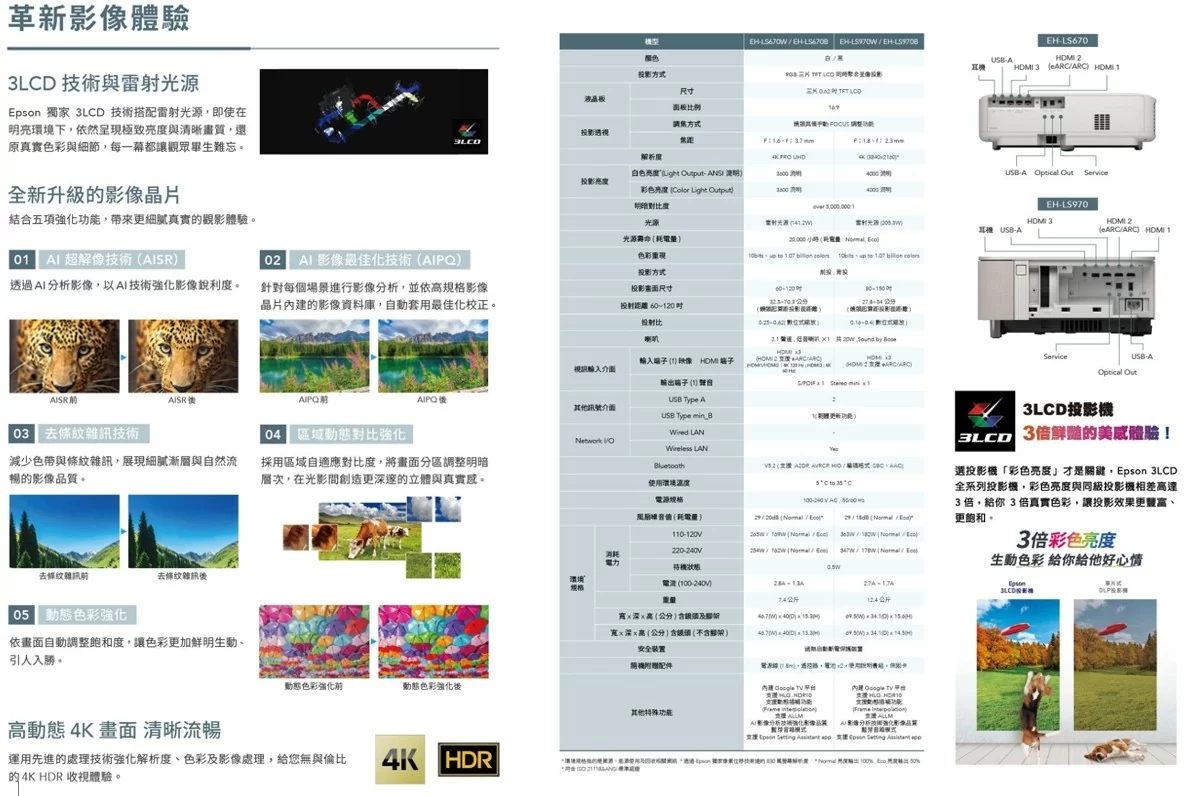 汰舊換新優惠 可選布幕安裝/聲霸贈品二擇一【全省可加購安裝】 EPSON EH-LS670B EH-LS670W 4K AI雷射大電視