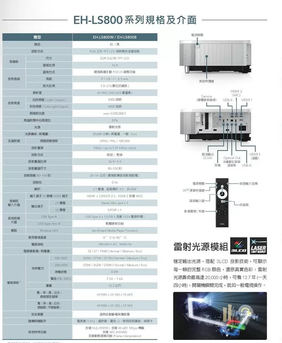 【加贈安裝服務】EPSON 超短焦4K PRO-UHD EH-LS800 雷射電視 白色款