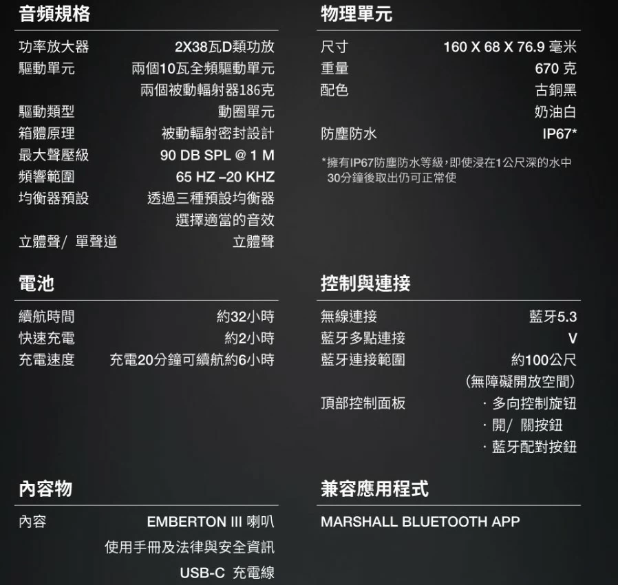 Marshall Emberton III 攜帶式防水藍牙喇叭 台灣原廠公司貨
