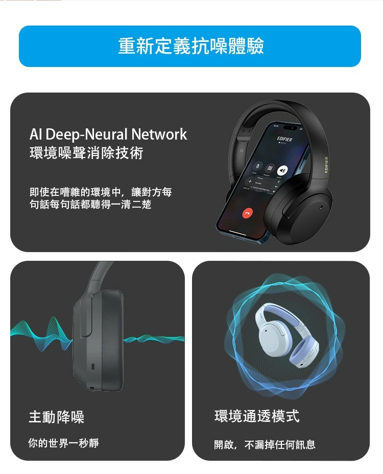 【EDIFIER】 W820NB PLUS 無線抗噪雙金標音質藍芽耳罩耳機