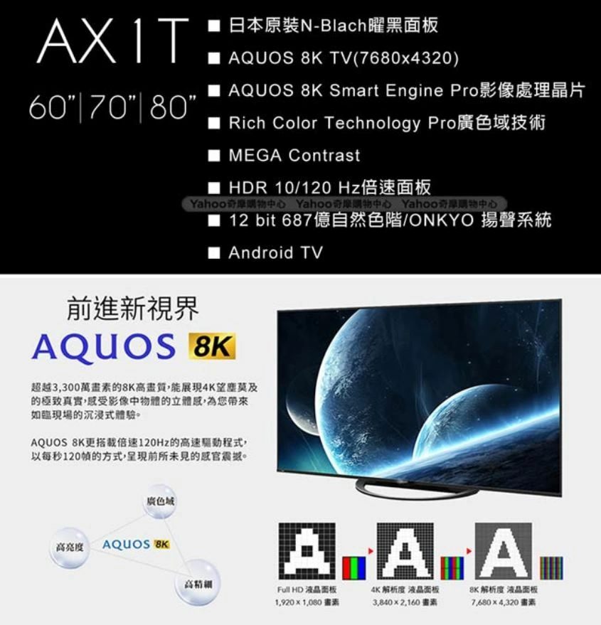 【含基本安裝】SHARP 夏普 80吋 8T-C80AX1T AQUOS真8K液晶電視 日本原裝